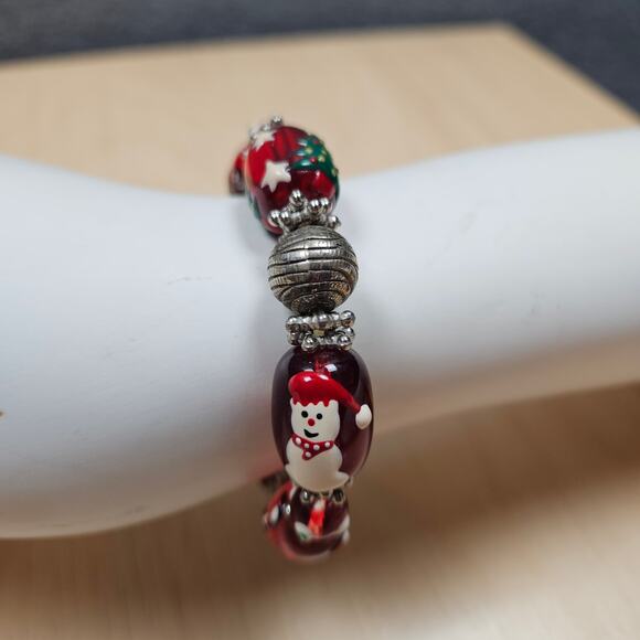 Vintage Lamp Work Glass Bead Stretch Bracelet Christmas Motif Holiday Anklet - Picture 4 of 6